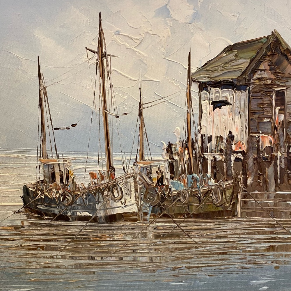 Vintage Nautical Scene with Boats - Blue and Brown Tones - Picture 2 of 11